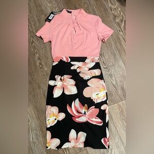 Homeyee Pink Two Toned Black Floral Business Church Dress B430 NWT